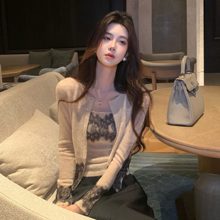 纯欲风蕾丝修身吊带背心开衫女秋冬设计感辣妹针织上衣外套两件套
