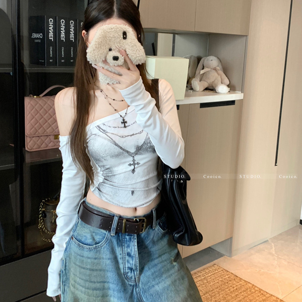 美式复古印花辣妹斜肩长袖T恤女