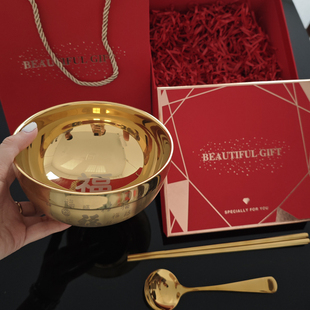 金色百福碗304不锈钢儿童周岁伴手礼收干亲金福碗筷勺三件套满月