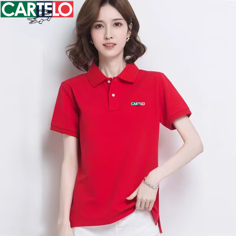 Cartelo鳄鱼POLO衫短袖t恤女装夏季棉宽松薄款运动V领休闲上衣