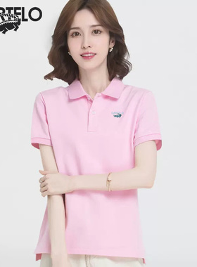 卡帝乐鳄鱼POLO衫短袖t恤女夏季纯棉宽松大码运动翻领休闲上衣潮