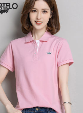 卡帝乐鳄鱼短袖POLO衫女夏季纯棉V领宽松翻领女装运动休闲百搭潮