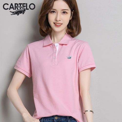 卡帝乐鳄鱼短袖POLO衫女夏季纯棉V领宽松翻领女装运动休闲百搭潮