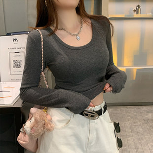 长袖t恤女2025新款小个子加绒打底衫低领灰色内搭高级感秋冬上衣