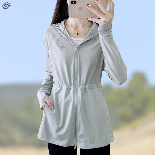 户外夏季轻薄款中长款防晒衣女士款运动连帽瑜伽服冰丝健身服外套
