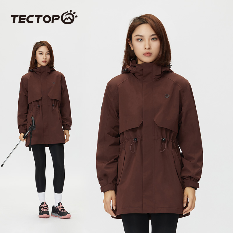 探拓户外秋冬季防风防水套抓绒保暖单层冲锋衣女士中长款休闲外套