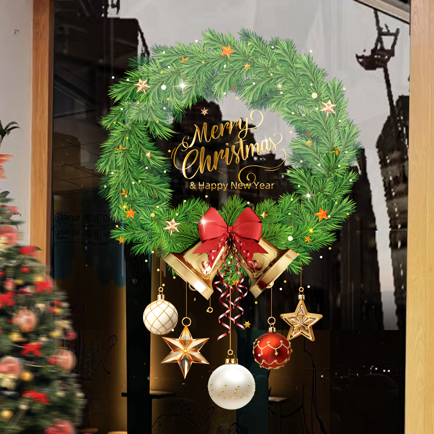 圣诞场景氛围装饰贴纸2026店铺橱窗布置圣诞花环窗花圣诞铃铛贴画