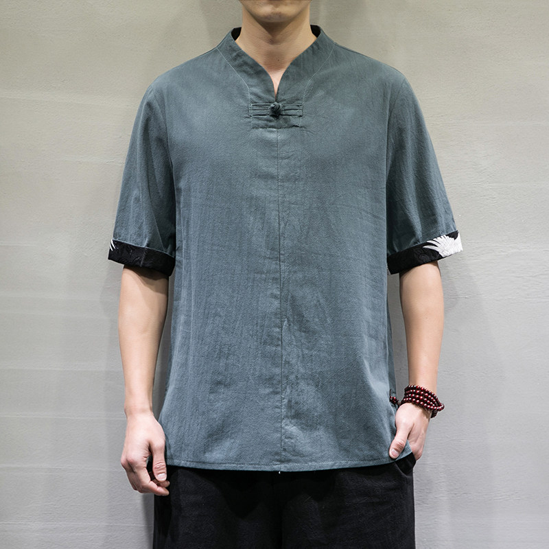 夏季风男装盘扣短袖男T恤民族风棉上衣6008-1/T061/图片
