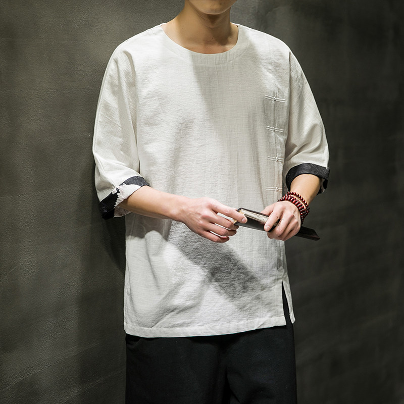 2021春夏新款风棉麻短袖男装宽松大码七分袖6008-1-T063/,男装T恤,电商A008