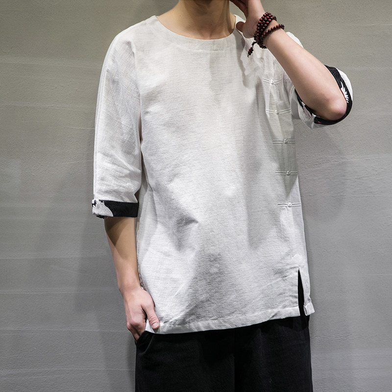 2021春夏新款风棉麻短袖男装宽松大码七分袖6008-1-T063/,男装T恤,电商A008