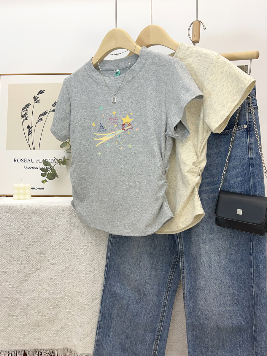 ins可爱印花短袖少女高级感正肩T恤韩系甜妹风短款修身小个子上衣