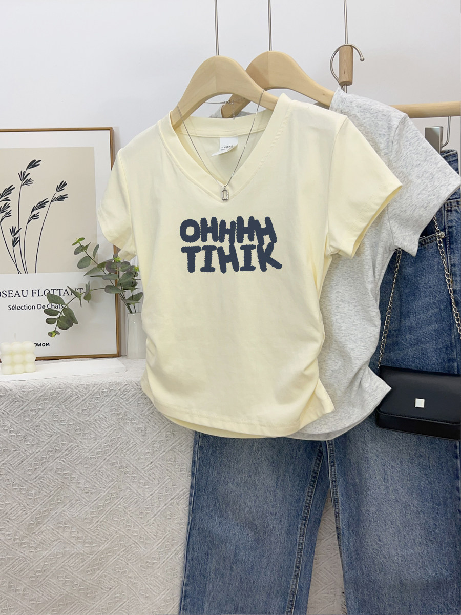 美式复古V领印花字母短袖T恤女夏季皱褶修身显瘦辣妹短款正肩上衣