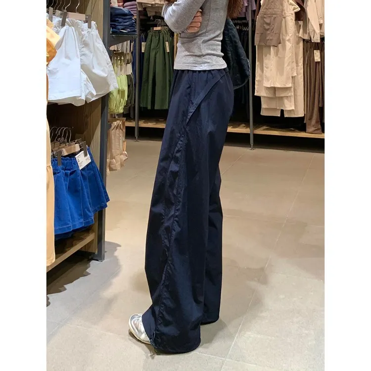 藏青色速干工装裤女夏季薄款美式宽松直筒工装裤小个子休闲运动裤