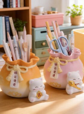 书桌解压治愈小摆件创意笔筒收纳办公文具树脂小财猫可爱教师礼物