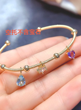 简约S925纯银手镯 水滴5*7心形5*5mm银空托 镀白金玫瑰金黄金色