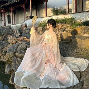 唐制汉服女成人超仙浅粉吊带诃子裙刺绣大袖衫汉元素春夏演出服装