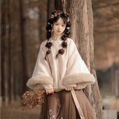 披袄汉元 汉服女成人明制对襟方领毛呢秋冬款 半袖 素改良国风马面裙