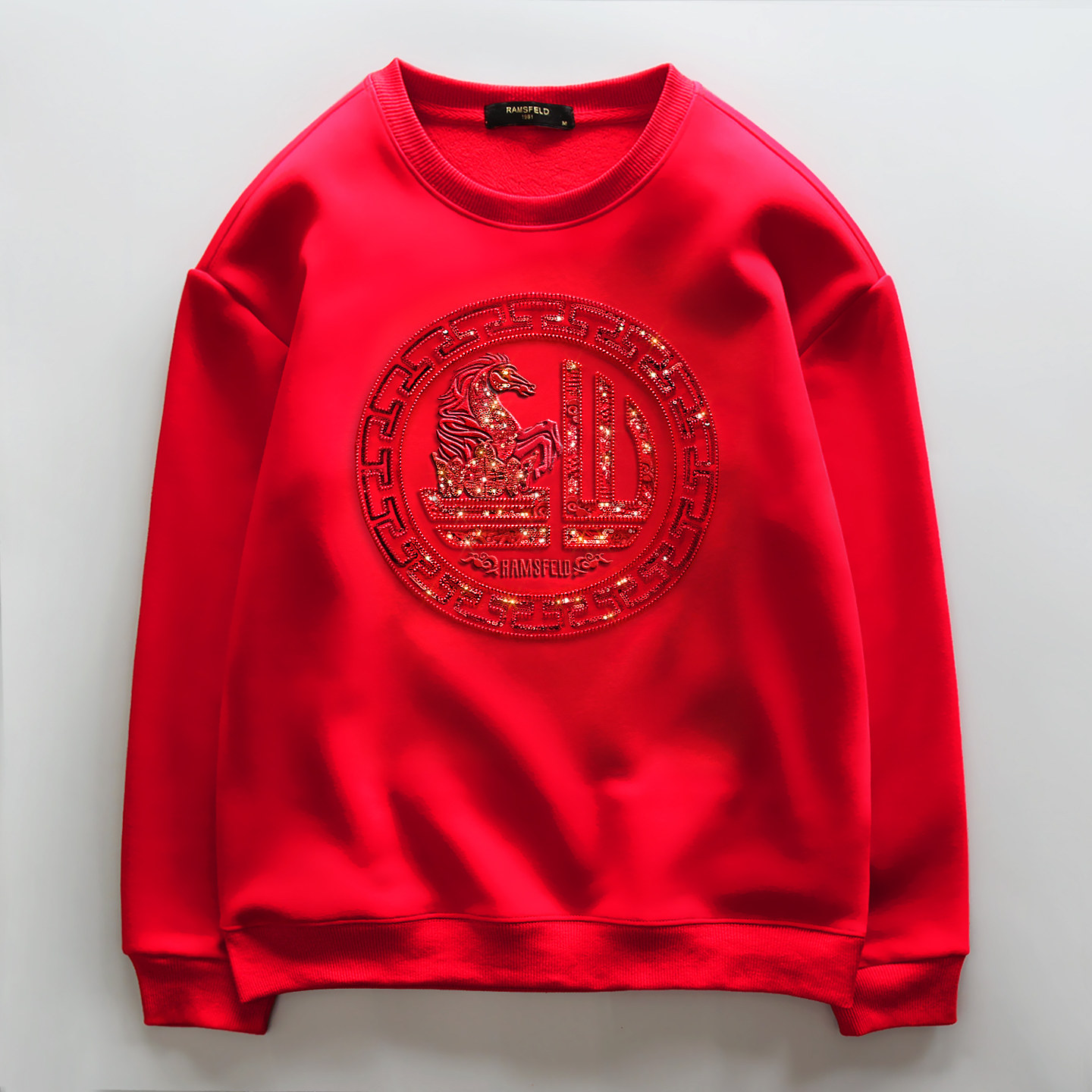 中国风潮牌男士刺绣福字马年红色卫衣男款秋冬圆领加绒本命年外套,男装,卫衣,淘宝优惠券,粉丝福利购,淘宝优惠卷