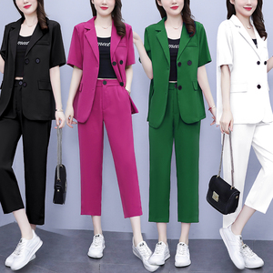 KM19463#夏季新款韩版大码女装胖MM时尚气质两件套休闲西服套装