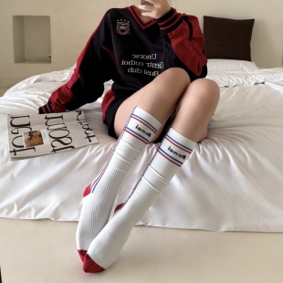 显瘦压力袜拼色运动跑步小腿袜复古及膝中筒袜 山系徒步袜子女秋季