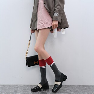 秋风里 Chic 大师手作单品波尔多红撞色拼接秋季 小腿袜女DF Cozy