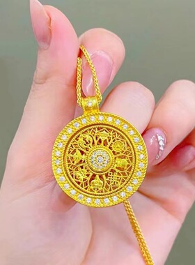 仿越南沙金可转动八宝罗盘吊坠项链女圆盘镂空挂坠毛衣链批发