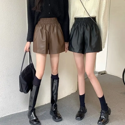 大码胖mm高腰皮短裤女秋季2024年黑色a字阔腿pu皮裤松紧腰休闲裤