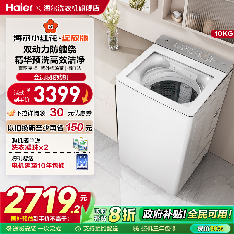 海尔小红花波轮双动力精华洗10kg大容量家用全自动洗衣机73M