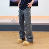 直筒cleanfit微喇重磅牛仔裤 SWAG高街碳磨水洗多口袋工装 长裤 男女