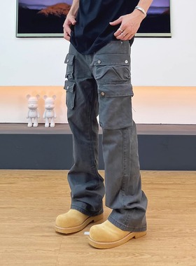 SWAG高街碳磨水洗多口袋工装长裤直筒cleanfit微喇重磅牛仔裤男女