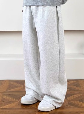 SWAG灰色运动松紧腰慵懒垂坠感阔腿显瘦休闲裤可调节裤脚卫裤男女