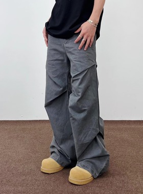 SWAG水洗灰色工装裤男女cleanfit褶皱简约设计垂感直筒休闲长裤子