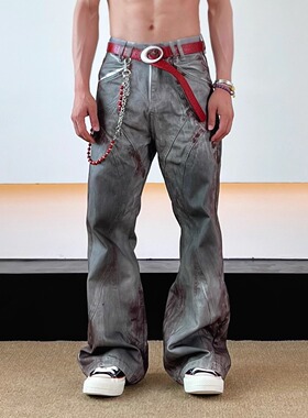 SWAG血色脏染水洗做旧擦色脏染结构牛仔裤cleanfit小众微喇裤男女