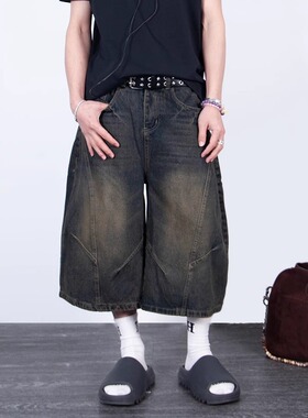 SWAG潮牌夏季原牛水洗解构设计感弯刀牛仔短裤男女休闲宽松七分裤