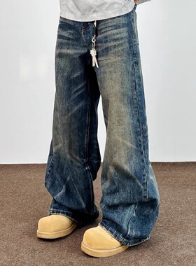 SWAG美式水洗蓝竹节纹猫须牛仔裤男女cleanfit宽松直筒微喇长裤子