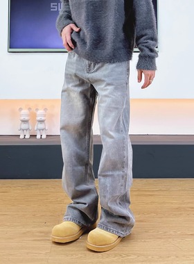 SWAG重磅质感水洗灰色直筒修身显瘦cleanfit牛仔裤男宽松垂感长裤