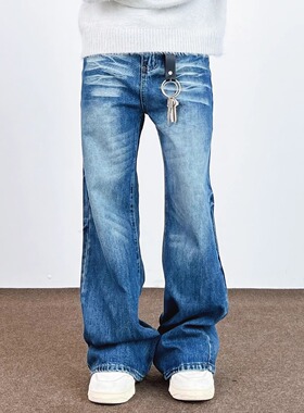 SWAG美式复古水洗蓝猫须牛仔裤男女中性宽松显瘦cleanfit长裤子