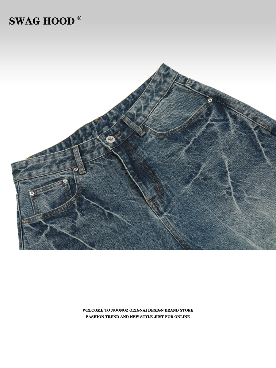 SWAG AMERICAN RETRO DISTRESSED HIGH STREET BLUE LIGHTNING PATTERN WASH DENIM SHORTS LOOSE AND VERSATILE DRAPED CROPPED PANTS