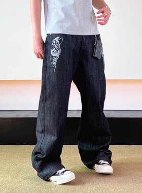 SWAG赤耳原牛自制蛇骨复古baggy牛仔裤男女显瘦宽松直筒垂感裤子