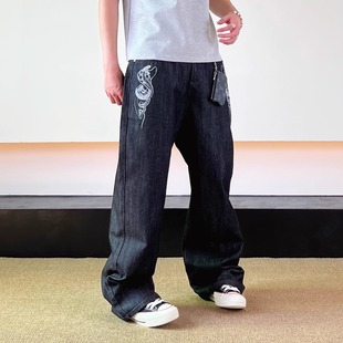 SWAG赤耳原牛自制蛇骨复古baggy牛仔裤 子 男女显瘦宽松直筒垂感裤