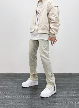 SWAG美式高街vibe黄泥染侧边拉链微喇叭牛仔裤百搭休闲直筒长裤子