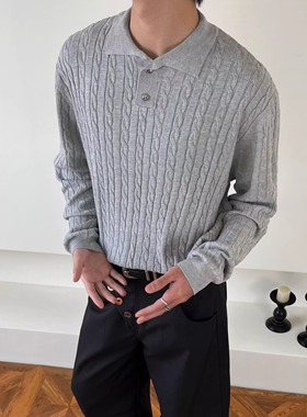 SWAG早春老钱风麻花纹polo领针织衫休闲慵懒cleanfit灰色绞花毛衣