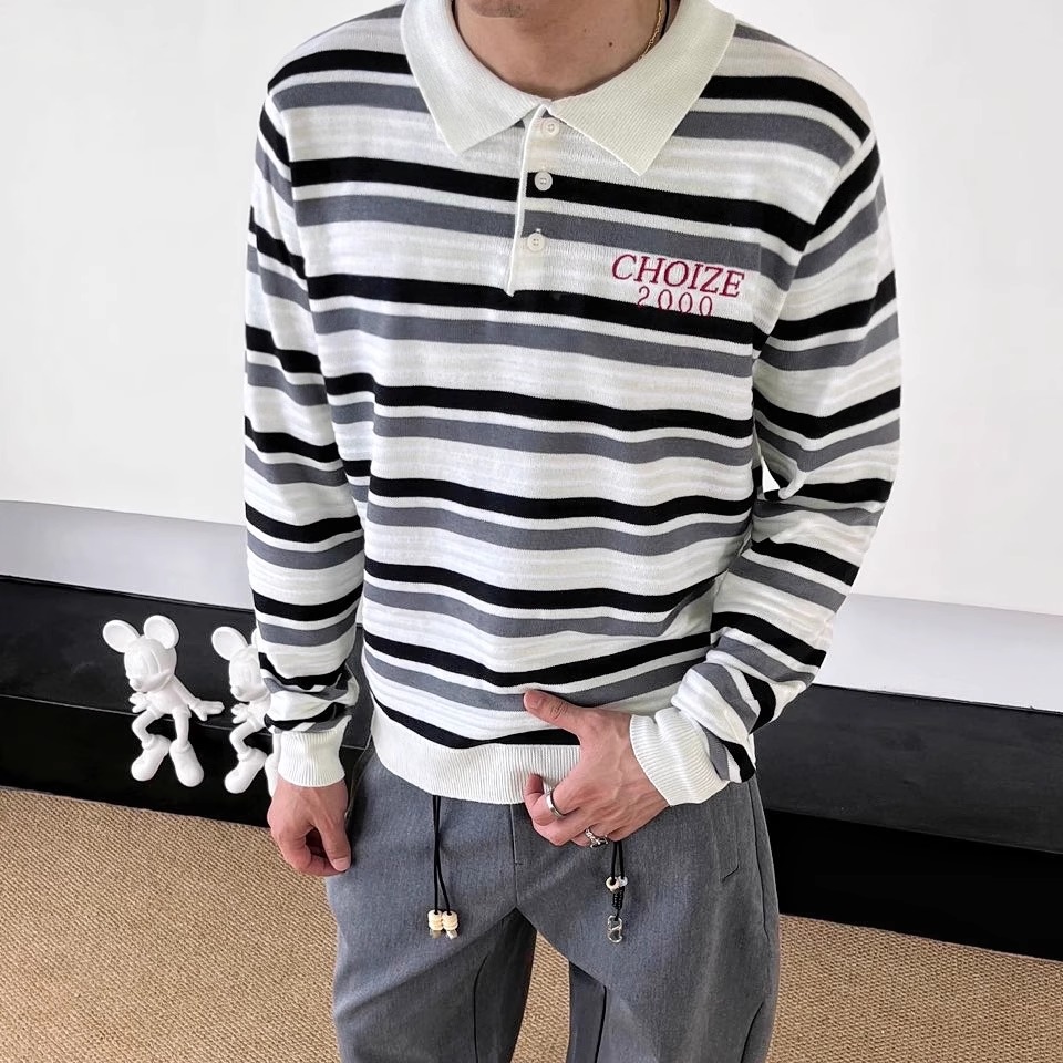 SWAG老钱复古风POLO领条纹针织衫