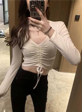 抽绳露脐短款V领上衣女设计感