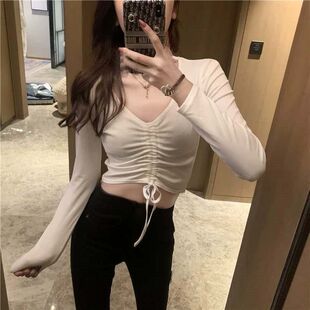 春秋季抽绳露脐短款V领上衣女设计感小众修身心机绑带长袖紧身T恤