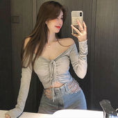 ins春秋性感紧身一字领短款 露脐紧身长袖 T恤卷边抽绳绑带气质上衣