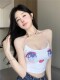 吊带背心上衣女 高腰短款 夏紧身性感辣妹镂空带子卡通印花修身 无袖