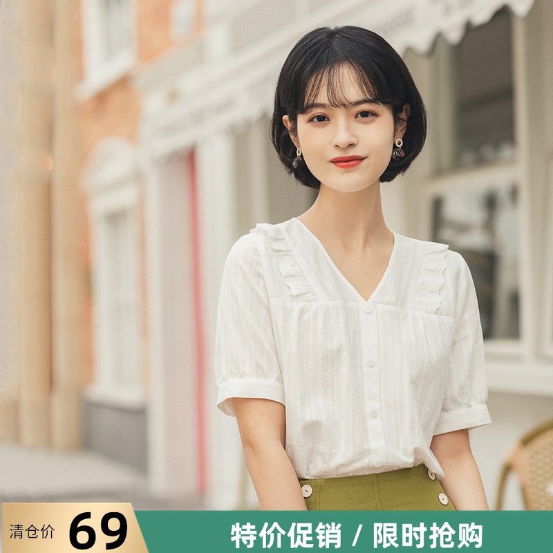 茵曼衬衫女2020夏装新款短袖衬衣纯棉V领法式甜美因曼特价清仓