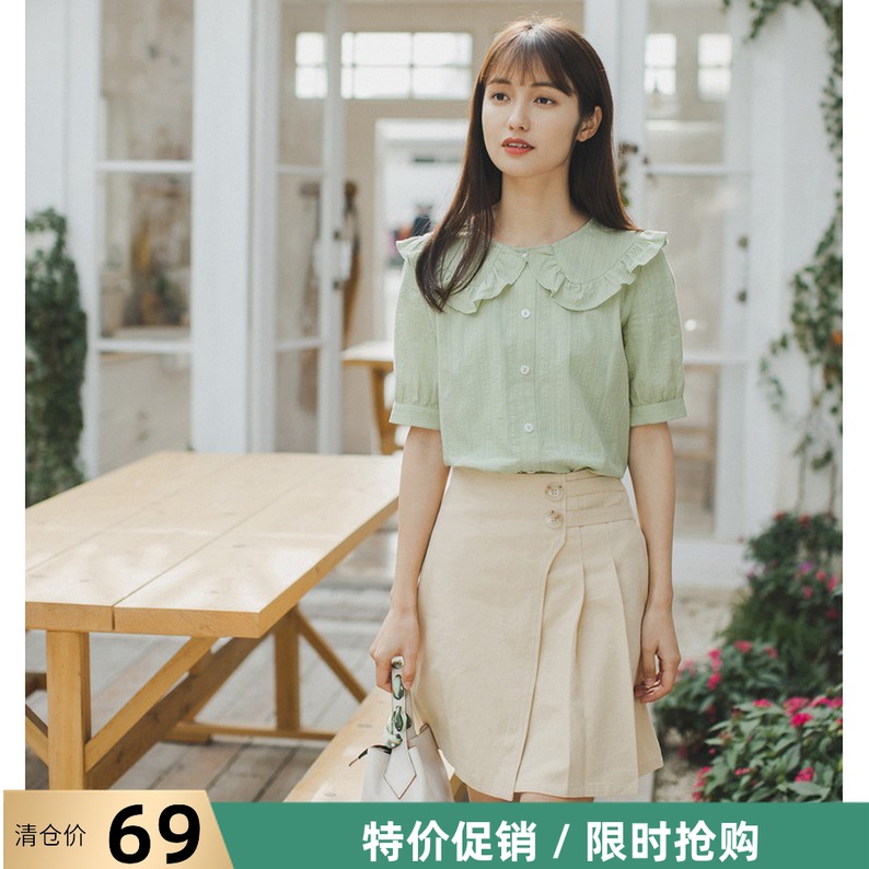 茵曼衬衫女2021夏装新款短袖衬衣纯棉娃娃领清新减龄因曼特价清仓