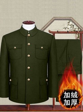 军绿色中山装男中老年加绒外套爸爸爷爷装老年休闲上衣中山服套装